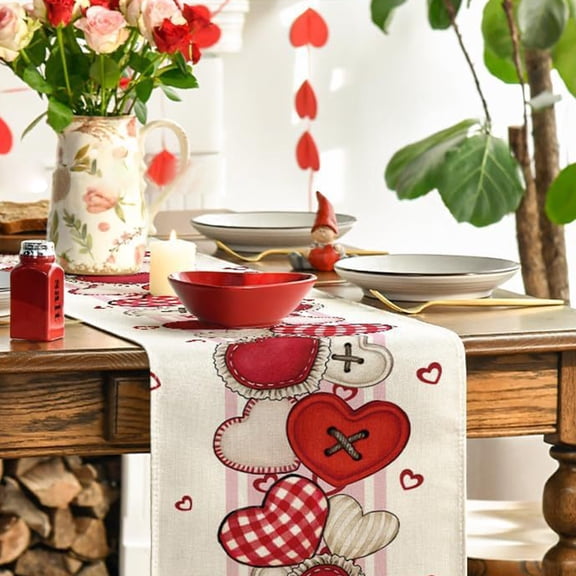 UNLLLL Valentine's Day Love Printed Table Runner, 13 x 72 Inch Rectangle Tablecloth, Plaid Stripes Farmhouse Dining Table Decor, for Home Party Indoor