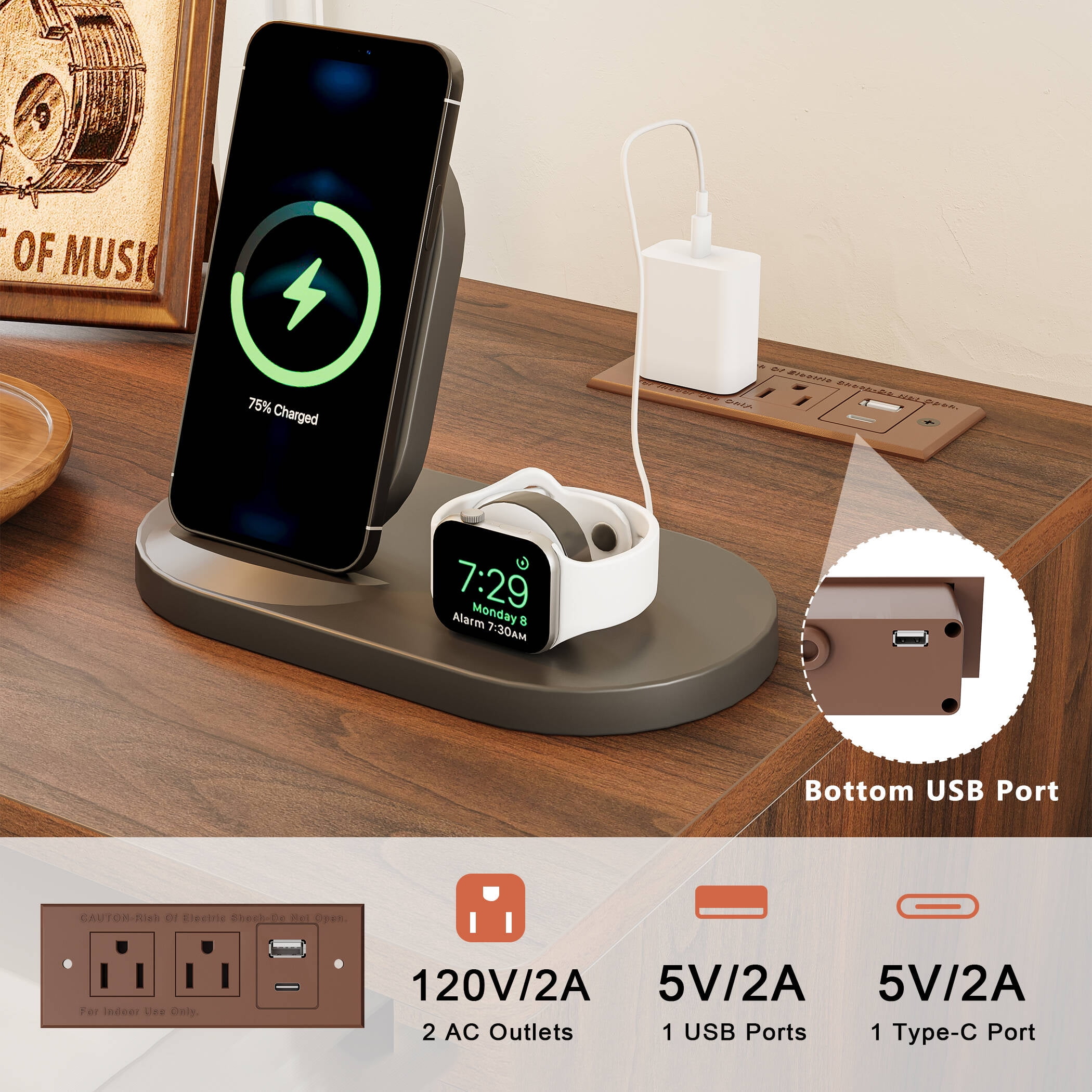 GUNAITO Fluted Nightstand Set of 2 for Bedroom with Charging Station Bedside Table with LED Light Wood Nightstand with Open Shelf and 2 Drawers Walnut
