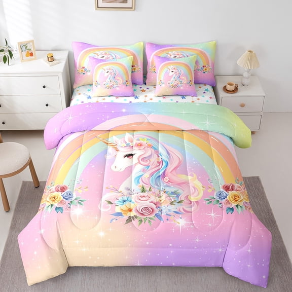 Erosebridal Kawaii Unicorn Bedding Twin Size, Rose Floral Bed Set, Cartoon Rainbow Reversible Bed in a Bag Twin size, Ultra Soft Room Decoration, 7pcs