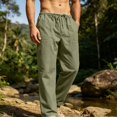 thumbnail image 2 of GrmtClth Linen Pants For Men Loose Baggy Straight Trousers Elastic Drawstring Waist Multi Side Pockets Lightweight Summer Beach Yoga Casual Bottoms Army Green L, 2 of 7