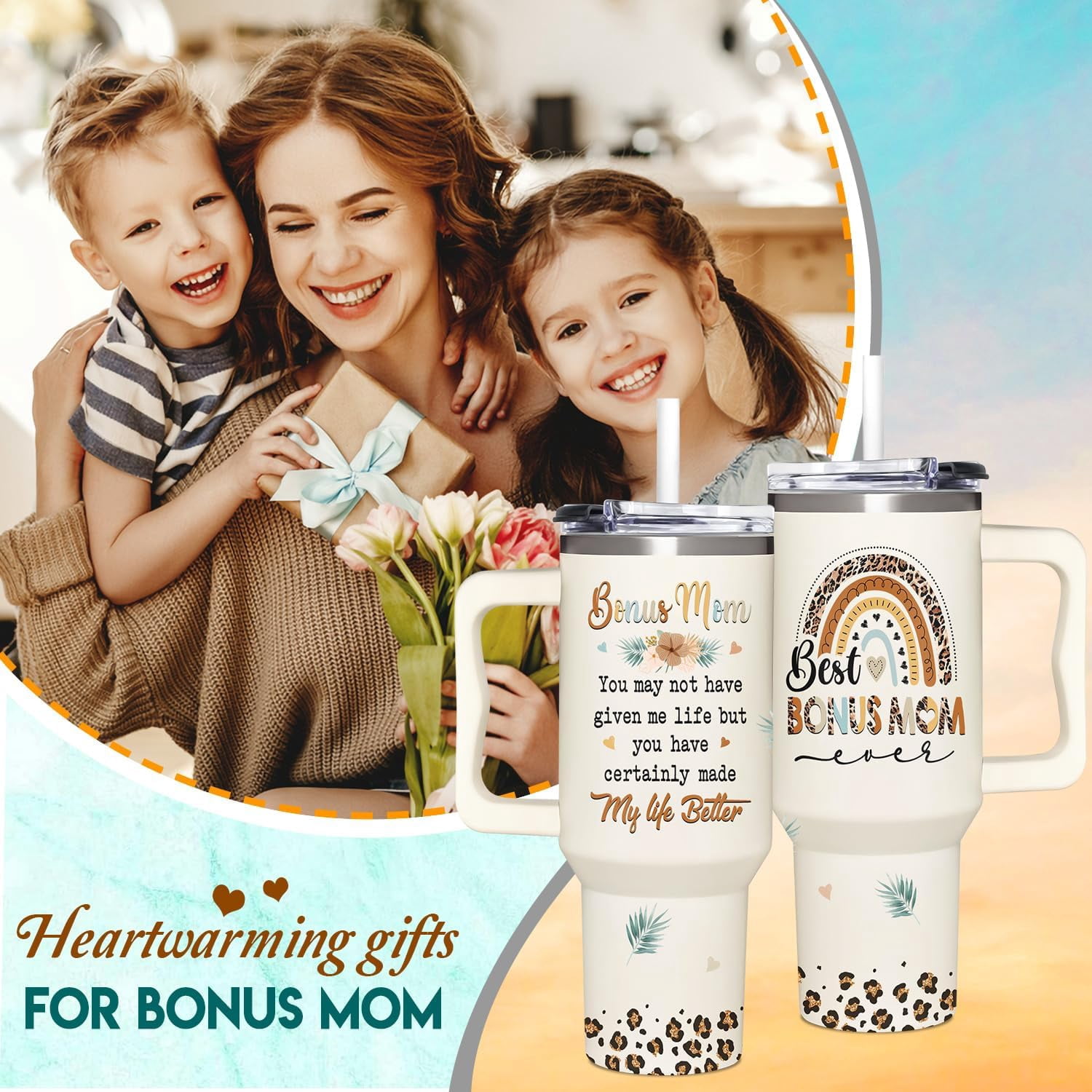 Bonus Mom Gifts - Stepmom Gift - Gifts For Step Mother - Bonus Mom Mothers Day, Christmas, Birthday Gift Ideas - Bonus Mother Cup Tumbler 40 Oz with Handle