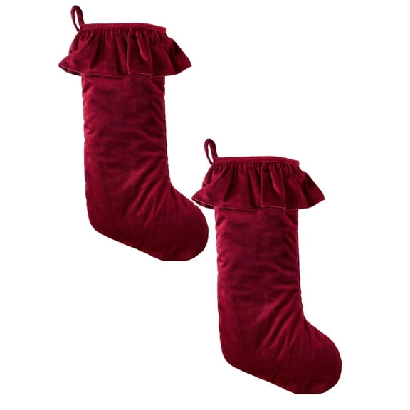 2 Pcs Velvet Christmas Stocking, Red Ruffle Christmas Stocking, Soft Velvet Hanging Burgundy Christmas Stocking for Family New Year Holiday Party Decor 20"