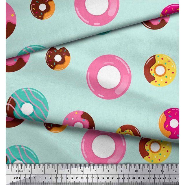 Soimoi Green polyester Crepe Fabric Donuts Food Printed Craft Fabric by the Yard 52 Inch Wide