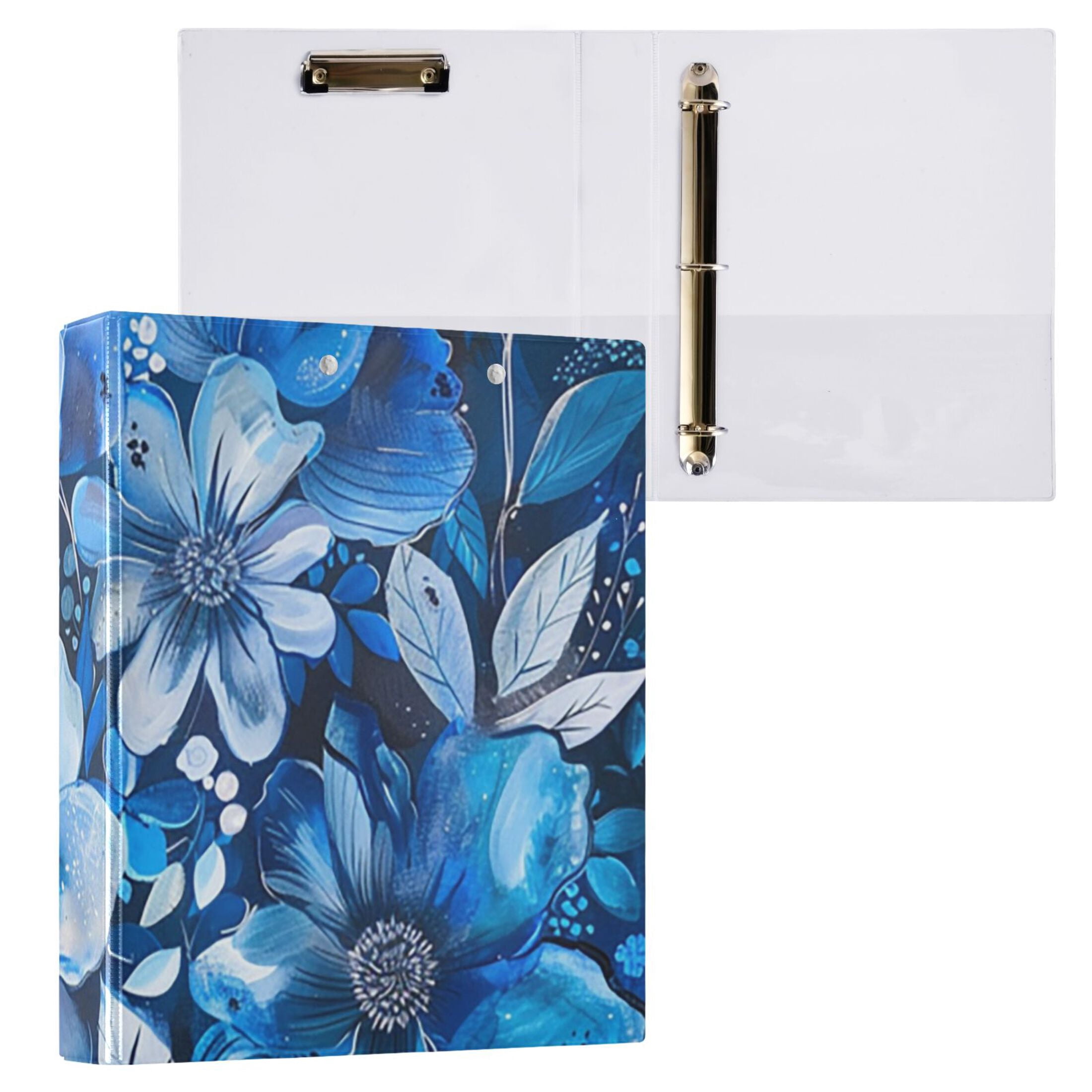 Blue Floral Flowers 3 Ring Binders 1.5 inch Hardcover File Folders with Interior Pockets A4 Size Organizer for School Office Hospital