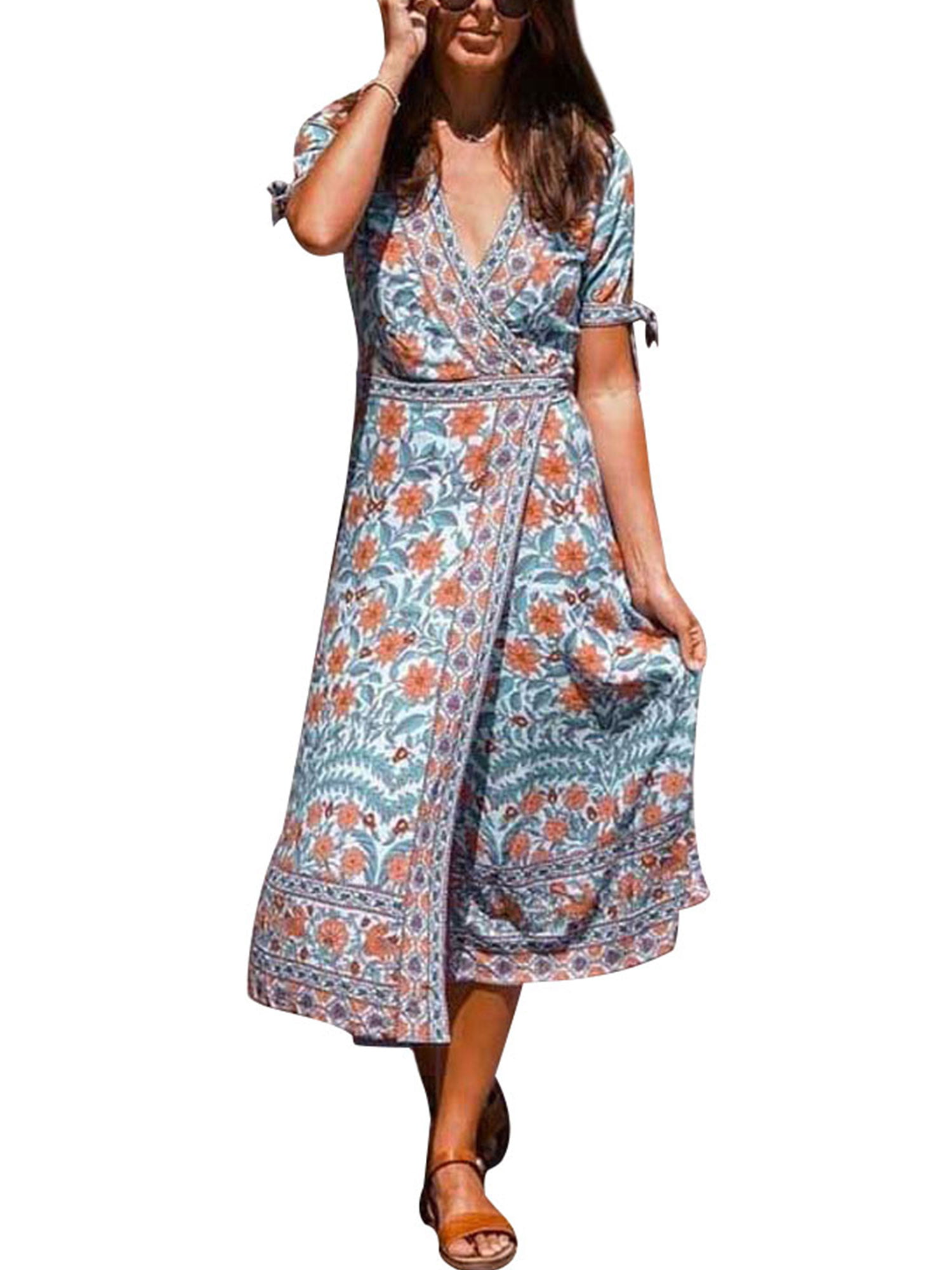 Summer V Neck Wrap Boho Long Dress for Women Casual Floral Printed Short  Sleeve Sundress Party Holiday Oversized Midi Dress Ladies Sexy Split Flowy  ...