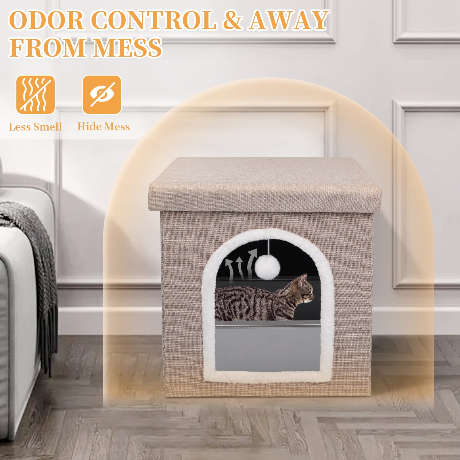Cat Litter Box Enclosure Furniture, Foldable Hidden Litter Box with Mesh Storage Bag, Litter Box Furniture with Waterproof Inside, Easy Clean