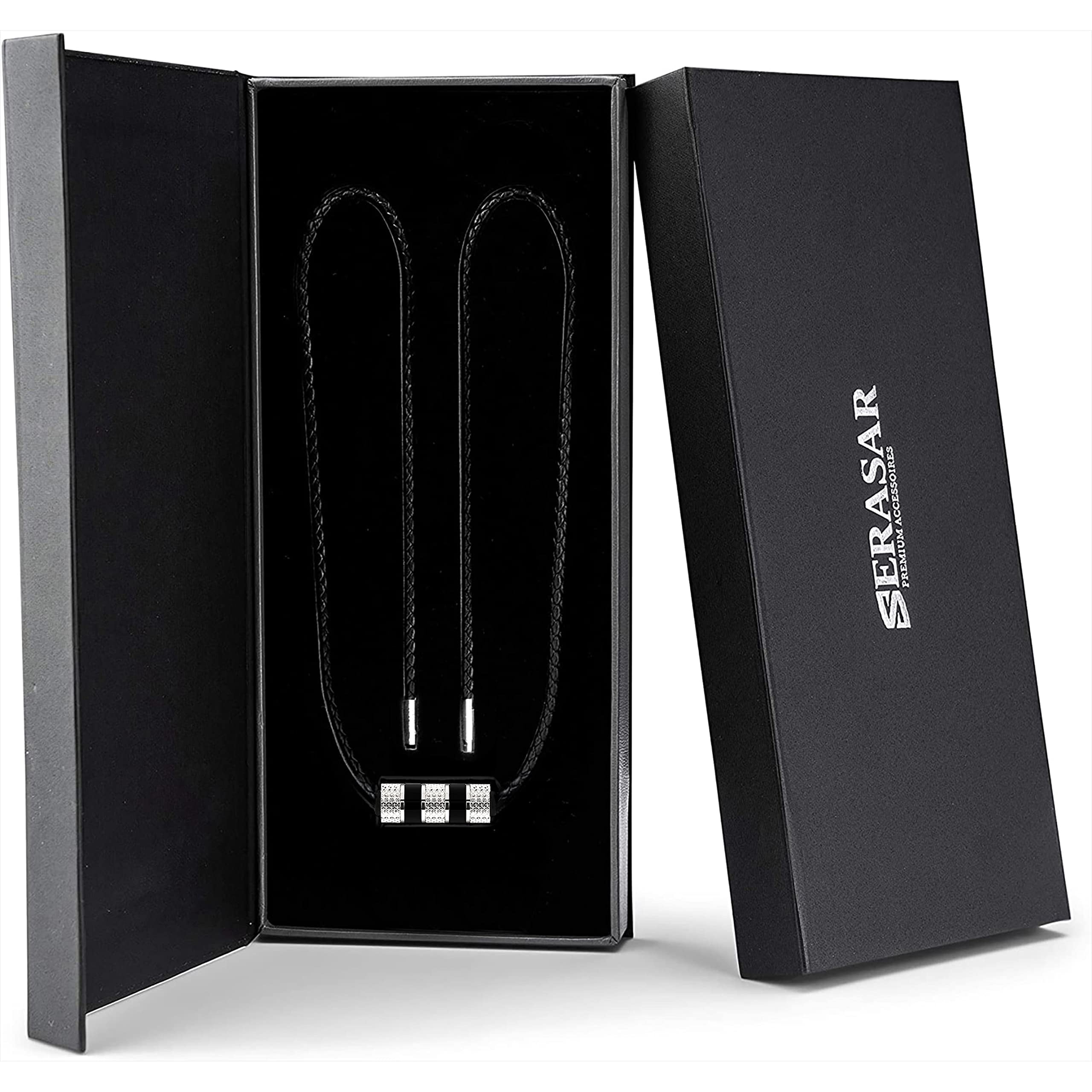 SERASAR Men's Leather Necklace "Solid" with Stainless steel Pendant and Magnetic Closure, Silver 50cm, incliding Gift box