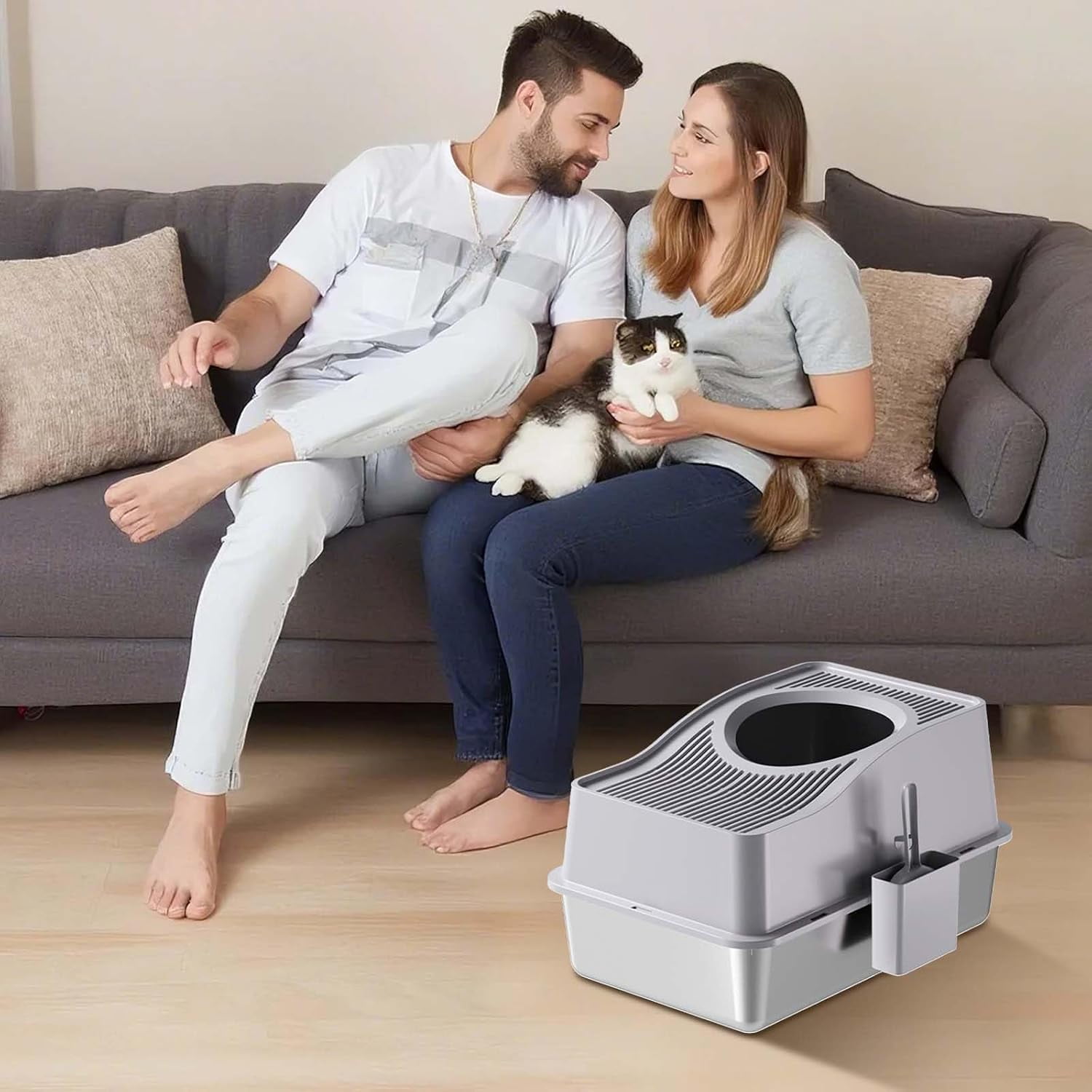 Rugerasy Stainless Steel Litter Box with Lid,Extra Large High Sided Cat Litter Trays,Enclosed Litter Box with Cat Litter Mat and Scoop,Easy Clean Detachable,Gray Basin 20 high