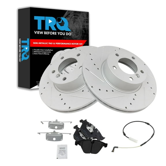 TRQ Front Performance Brake Pad & Rotor Kit Brake Pad Wear Sensor Brake Pads Brake Rotors Set Semi-Metallic Premium G-Coated Fits Select 2007-2010 BMW 328i 2009-2010 328i xDrive