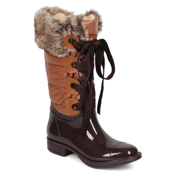 New Women Bumper Rahel-09 Mixed Media Fur Cuff Quilted Lace Up Boot Size
