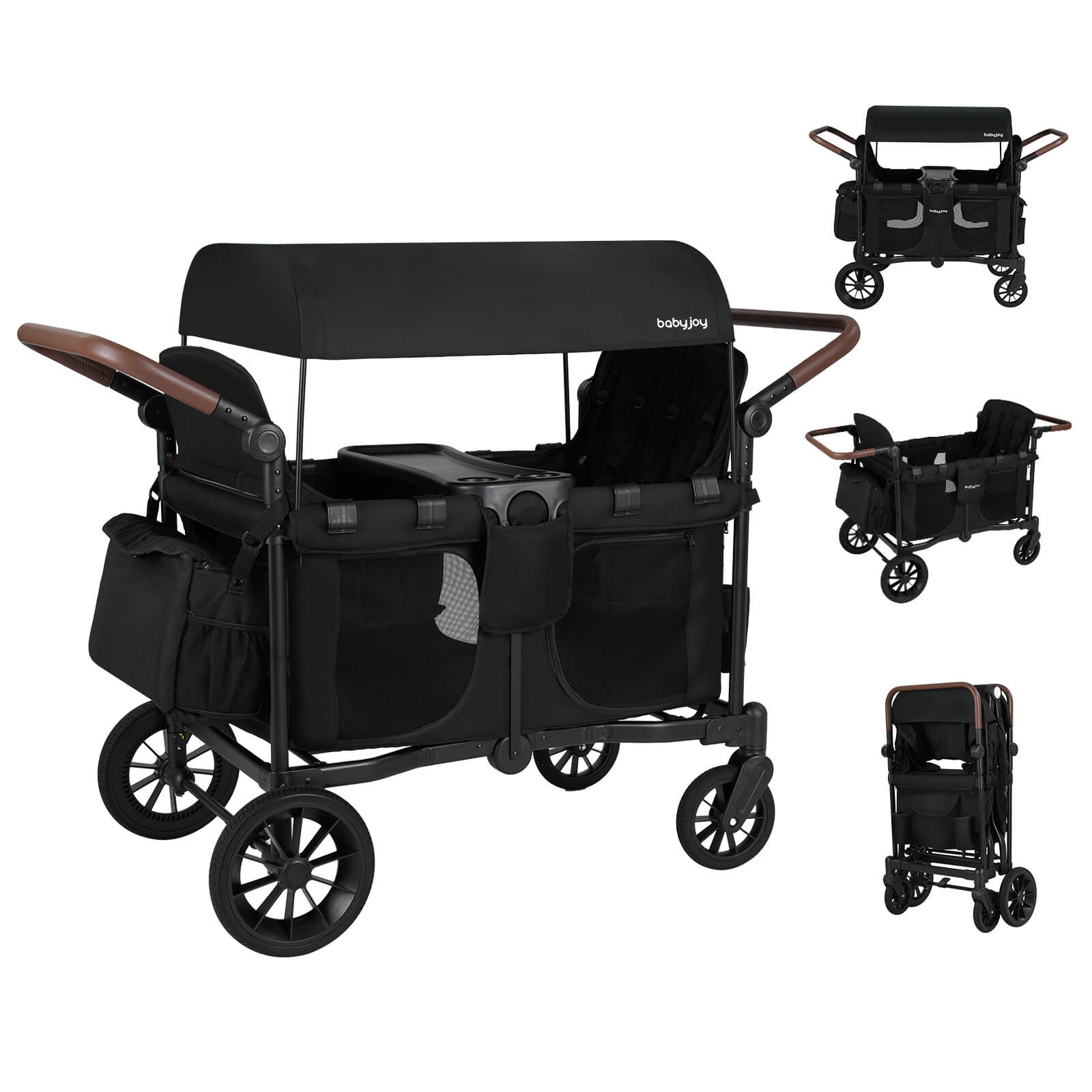 Costway Wagon Stroller, Foldable 4-Seater Push-Pull Toddler Stroller with Removable Canopy Black