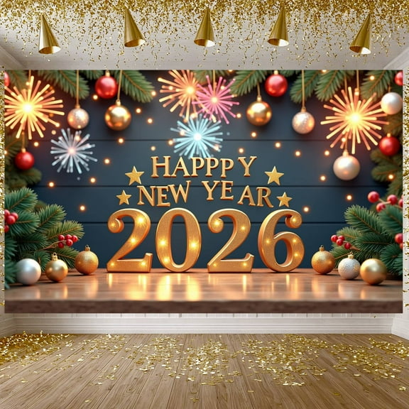 Golden Lettering Happy New Year Banner Firework Design 2026 Display Christmas Ornaments Pine Branches New Year Backdrop for New Year Party Holiday Celebration Indoor Decoration
