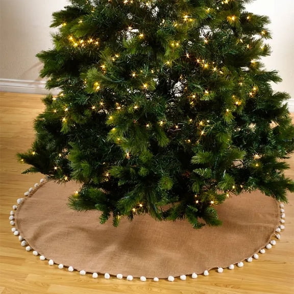 Pompom Trim Jute Holiday Christmas Tree Skirt, Stocking (53" Tree Skirt)
