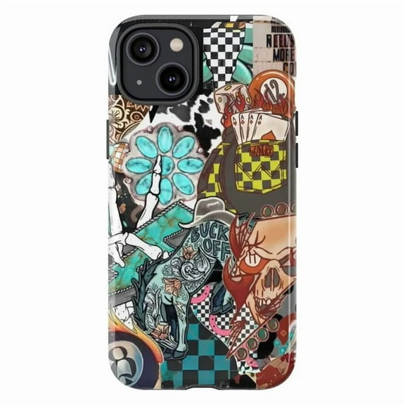 Bold Graphic Tattoo Style Phone Case, Retro Sticker Collage Design iPhone Cover, Unique Artistic Protective Case for iPhone 17 16 15 14 13 12 11 Pro Plus Mini