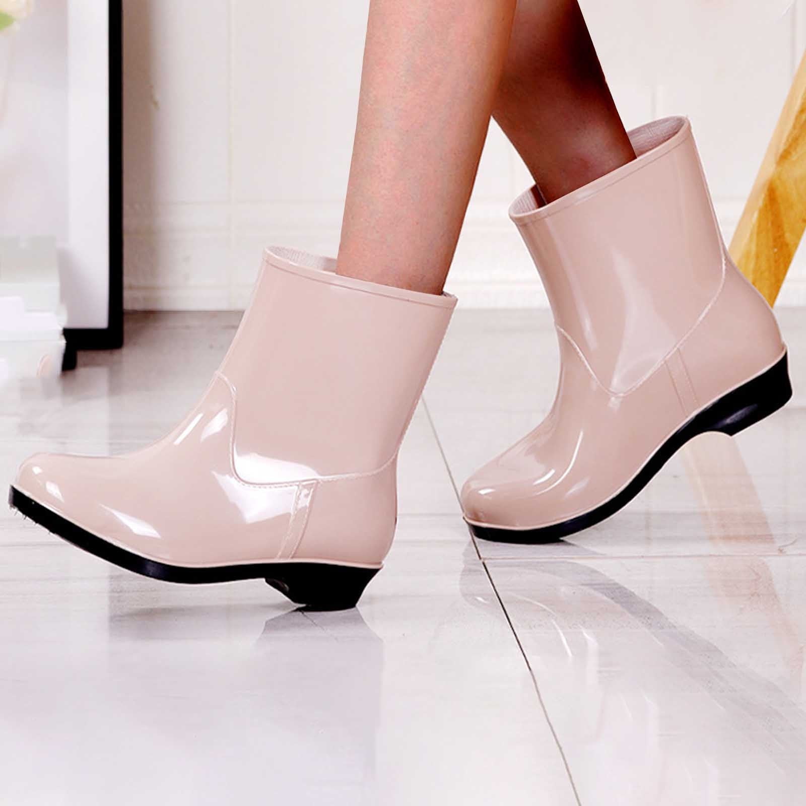 SuTry Women's Mid-Calf Waterproof Rain Boots Glossy PVC Wellies with Non-Slip Sole Low Heel Casual Water Shoes for Spring Summer Work Outdoor Use