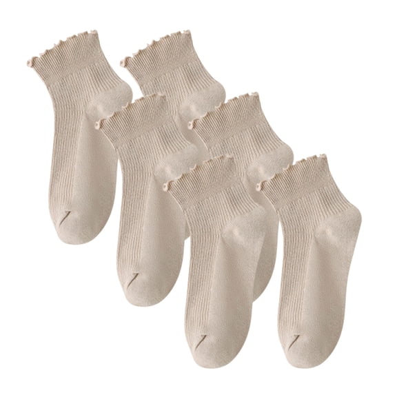 FAZVAOO Womens Socks Cotton Ankle Solid Colored Socks With Wooden Ear Edges Socks,Beige 3 Pairs