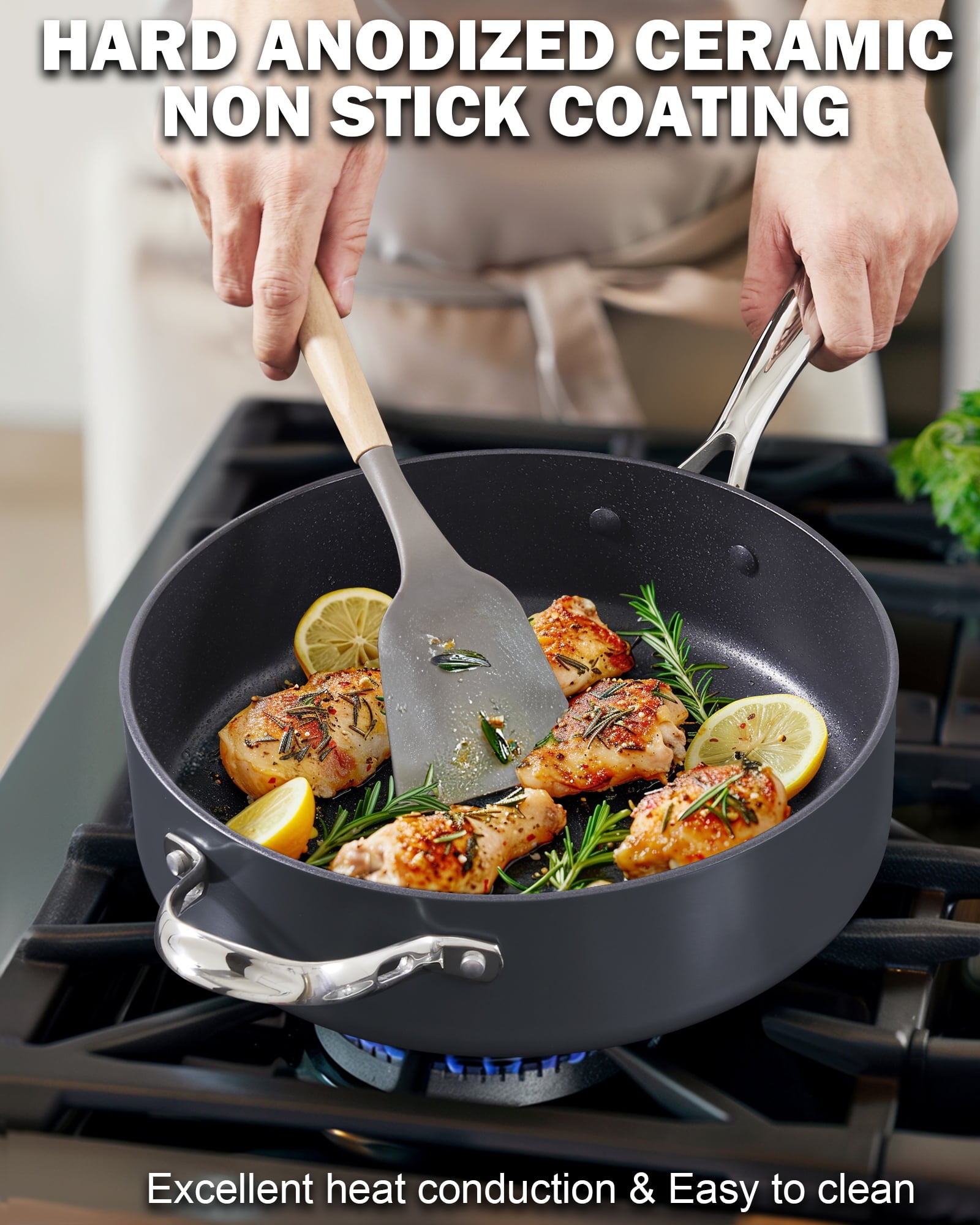 Cooks Standard Classic 4 Quart Hard Anodized Deep Sauté Pan with Lid, 10.5 Inch Ceramic Nonstick Deep Frying Pan, Large Skillet Jumbo Cooker Sartén, Dishwasher & Oven Safe, Induction Cookware