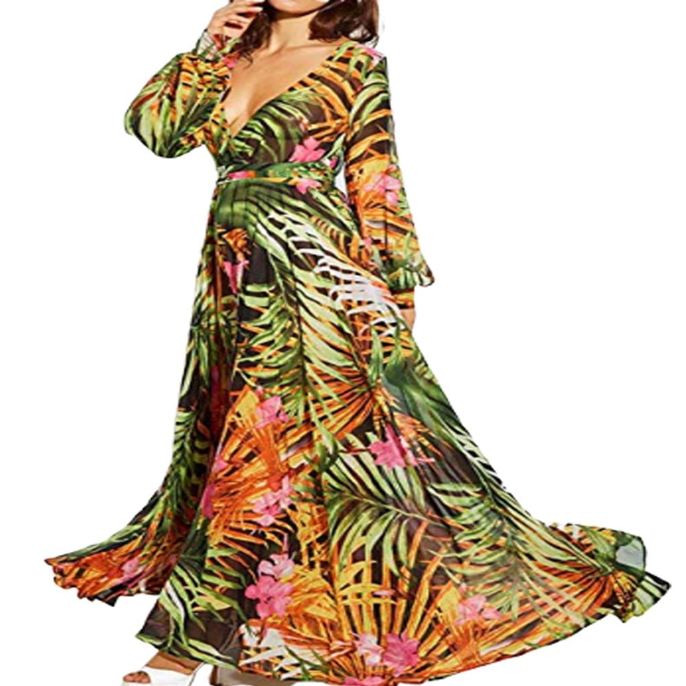 Robe Maxi Boho Manches Longues Col en V Tunique Ample Robes Caftan Femmes  Plage Vacances Robe Longue Robes d'Été Grande Taille