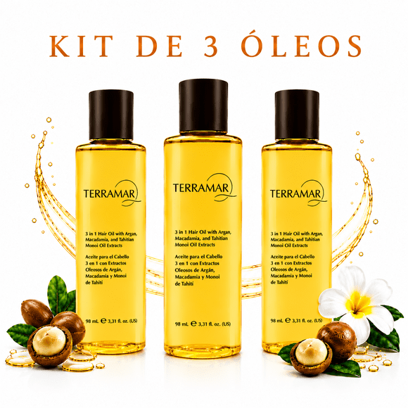 Kit de 3 Óleos para el Cabello Terramar Nutre, Repara y Protege con Extractos Oleosos de Argán, Macadamia y Monoi de Tahití 98 ml