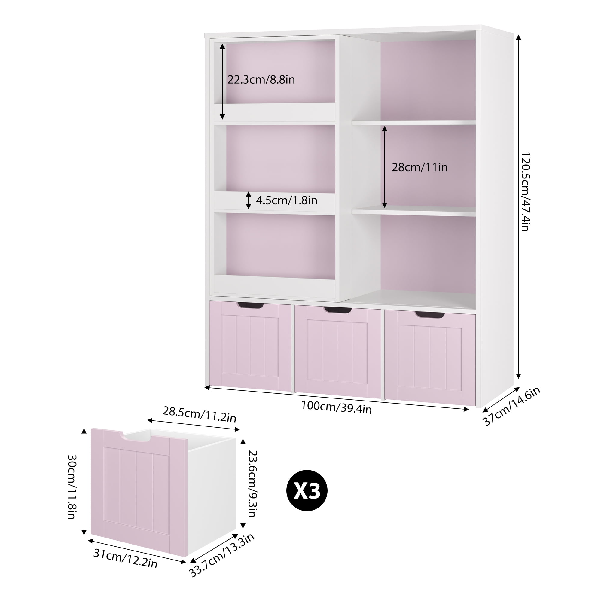 Homfa 6 Cube Toy Storage, Cube Organizer with Sliding Rack, 3 Drawer Kids Bookcase and Bookshelf, Pink