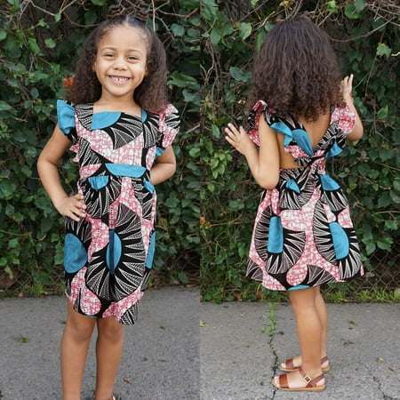 

Toddler Kids Girls African Traditional Style Fly Sleeve Backless Dress Ankara Princess Dresses 1-6Y