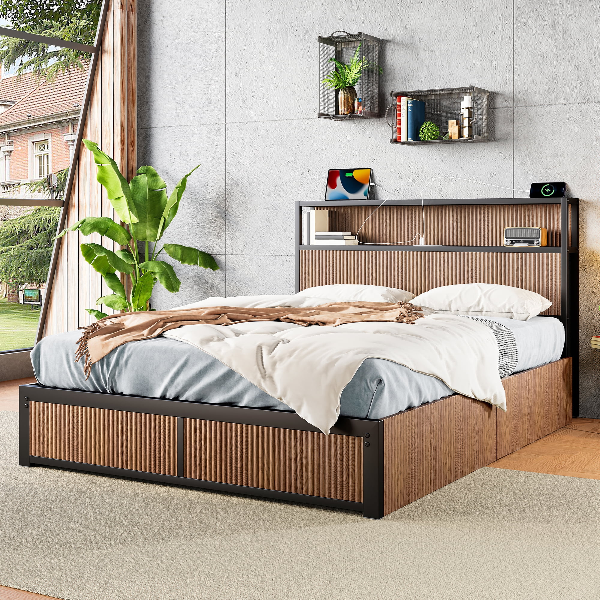 Storage Bed Frame with Drawers and Headboard, Queen Size Platform Bed, Walnut Finish MDF and Iron Frame, 4 Storage Drawers and Sturdy Frame Construction