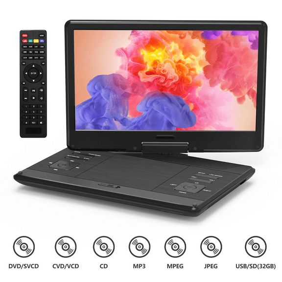 16.9'' Rechargeable Portable DVD Player for Car with 14“ Swivel Screen and Remote Control, Support USB TF Card 1080P-Black