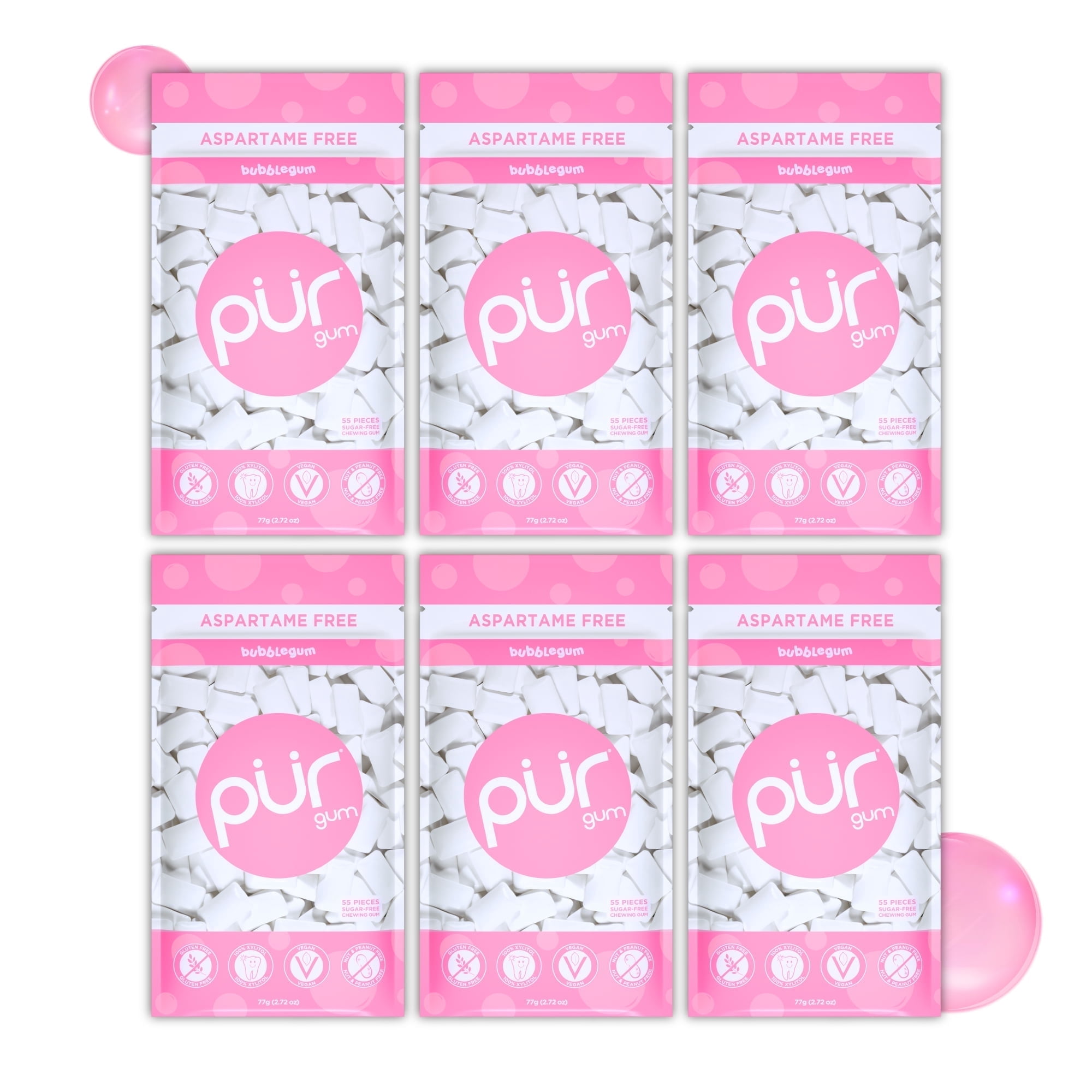 PUR Gum Aspartame Free Sugar Free & 100% Xylitol Bubblegum Chewing Gum 55 Pieces Pack of 6