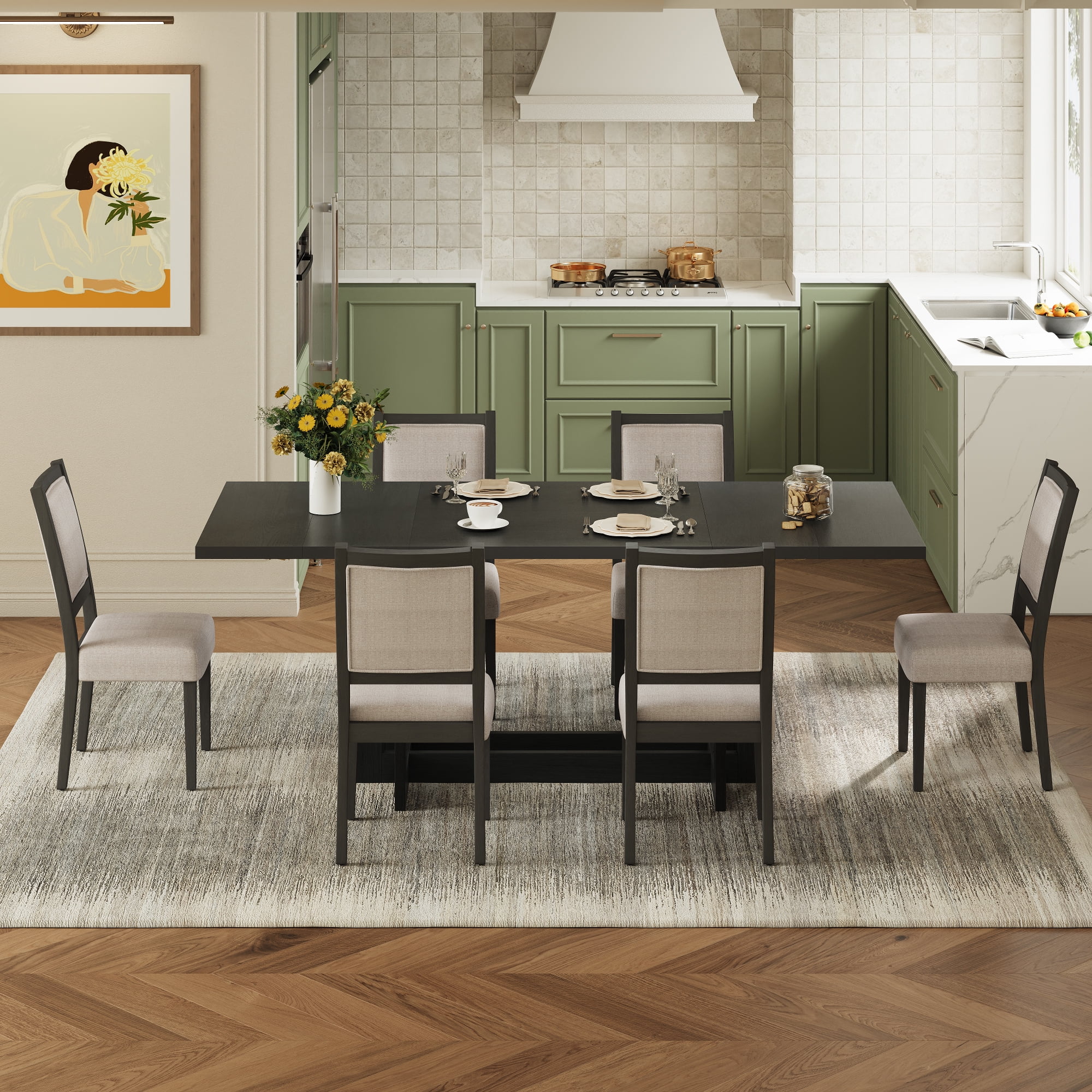 Euroco 7-Piece Extendable Dining Table Set for 6, 82" Large Kitchen Table with 6 Upholstered Dining Chairs and 2 Removable Leaves for Kitchen Dining Room,Grey+Beige