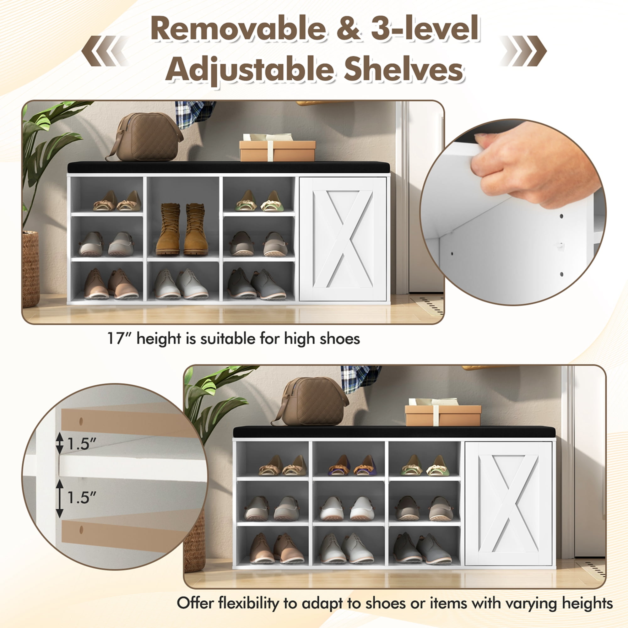 Costway 9-Compartment Adjustable Storage Shoe Rack with Padded Cushion, White