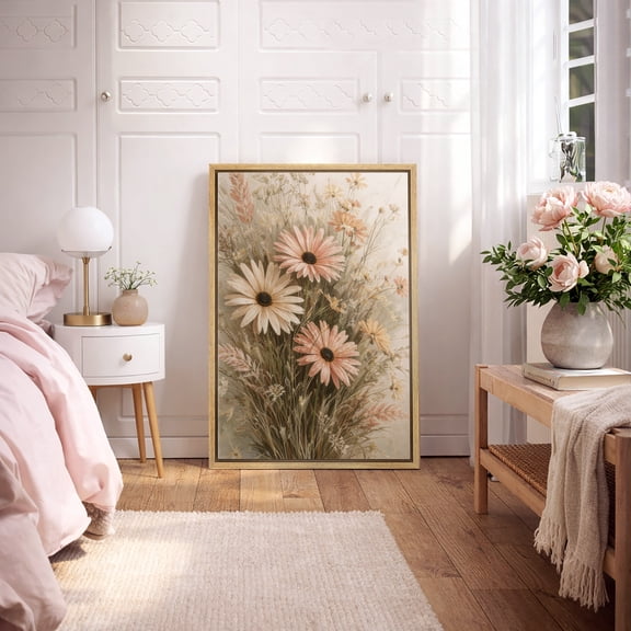 Framed Canvas Print Wildflower Wall Art Boho Decorative for Living Room Bedroom - 16"x24" NATURAL
