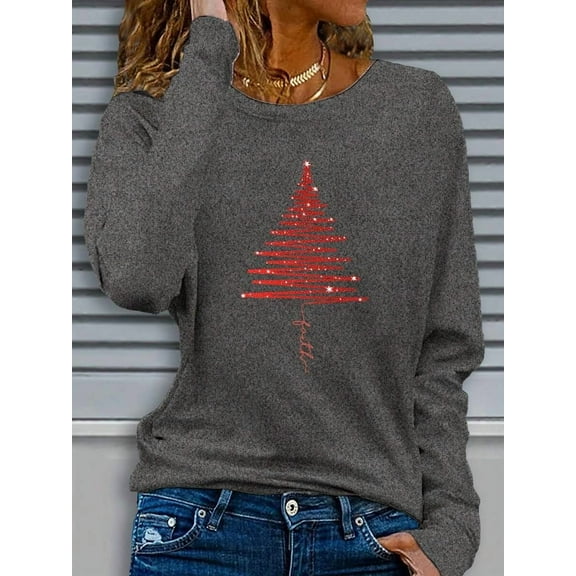 Women's Casual Long Sleeve Round Neck Pattern Printed T-Shirt - Red Christmas Tree Design Comfortable Fabric Machine Washable Suitable For Autumn Winter Festive Seasons Family Christmas Shirt