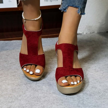 

Sunvit Women s Heeled Sandals- Casual New Style Wedge Heel Buckle Open Toe Open Toe Summer Sandals #55 Wine-5.5