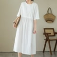 thumbnail image 4 of Efsteb Cotton Linen Dresses for Women Short Sleeve Summer Midi Dress with Pockets Casual Crew Neck Pleated Front Drawstring Tie Waist Vacation Dresses (White,M), 4 of 9