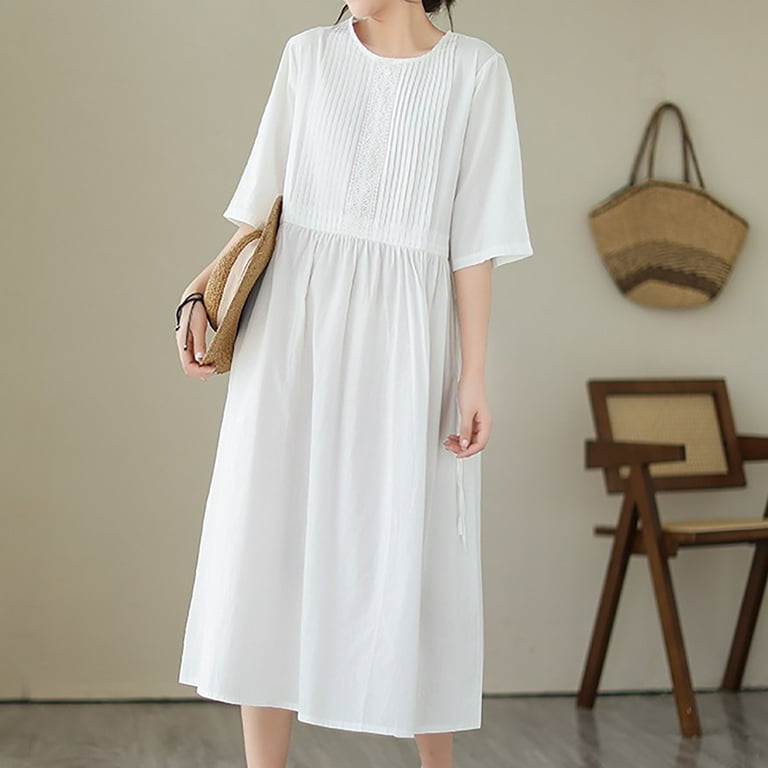 JGGSPWM Womens Casual Summer Midi Dress Round Neck Short Sleeve Linen Cotton  Flowly Beach Dresses with Pockets White L - Walmart.com