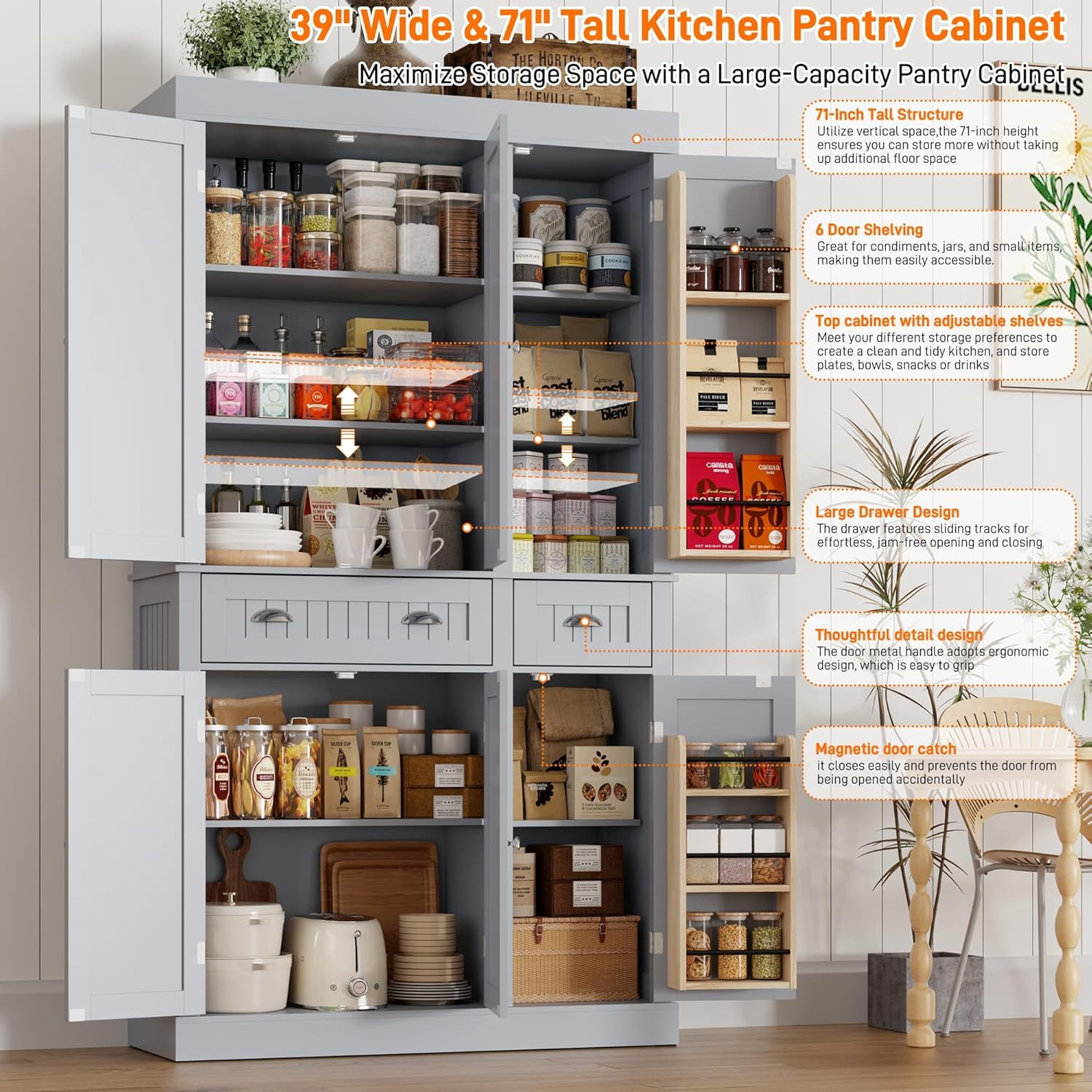 ChVans 71" Tall Kitchen Pantry with 6 Doors, Storage Cabinet with 2 Large Drawer 6 Hanging Shelves, Freestanding Cupboard for Dining Room Living Room
