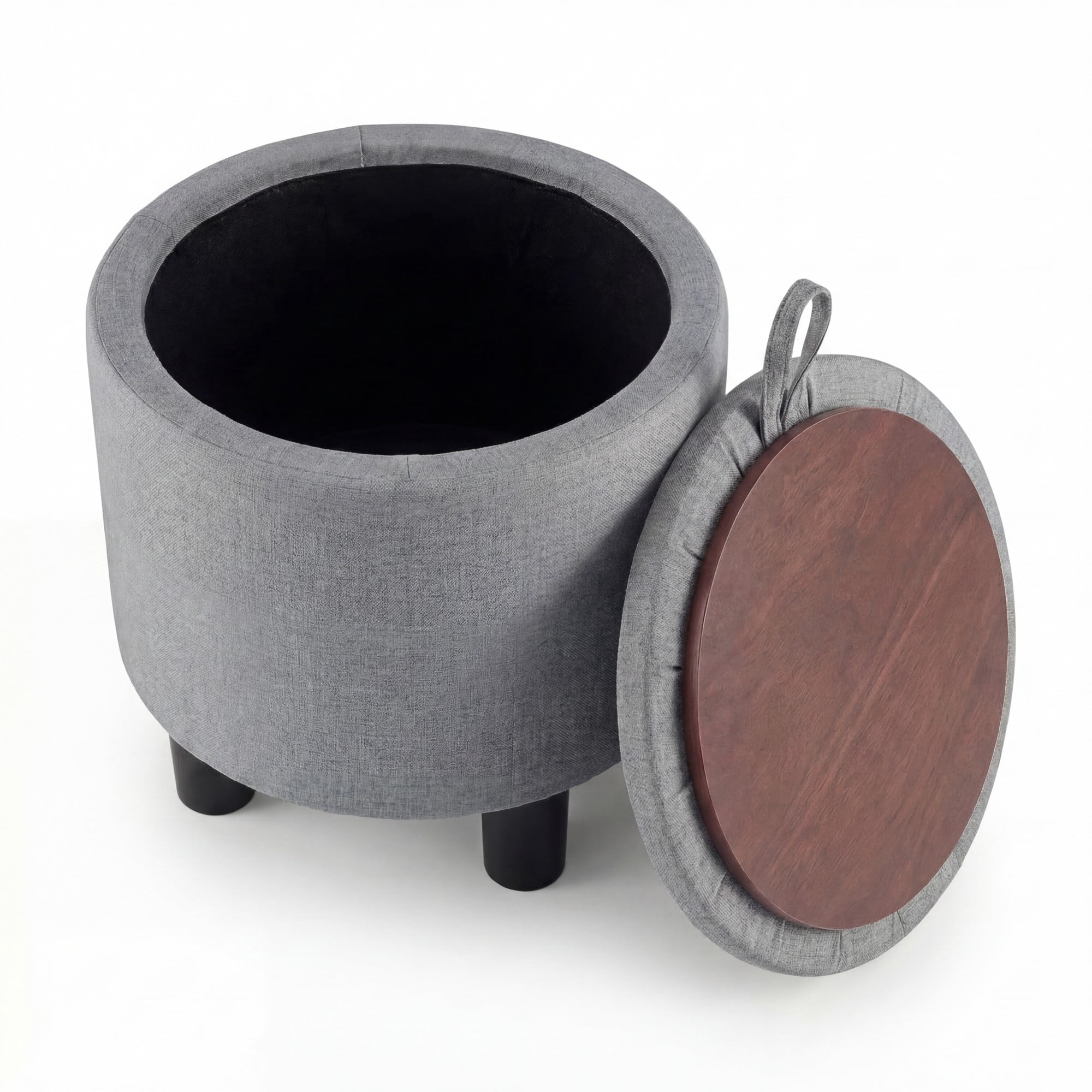 ELLEGNT Round Ottoman with Storage - Removable Lid, Linen Fabric Footrest Stool for Living Room, Bedroom Gray