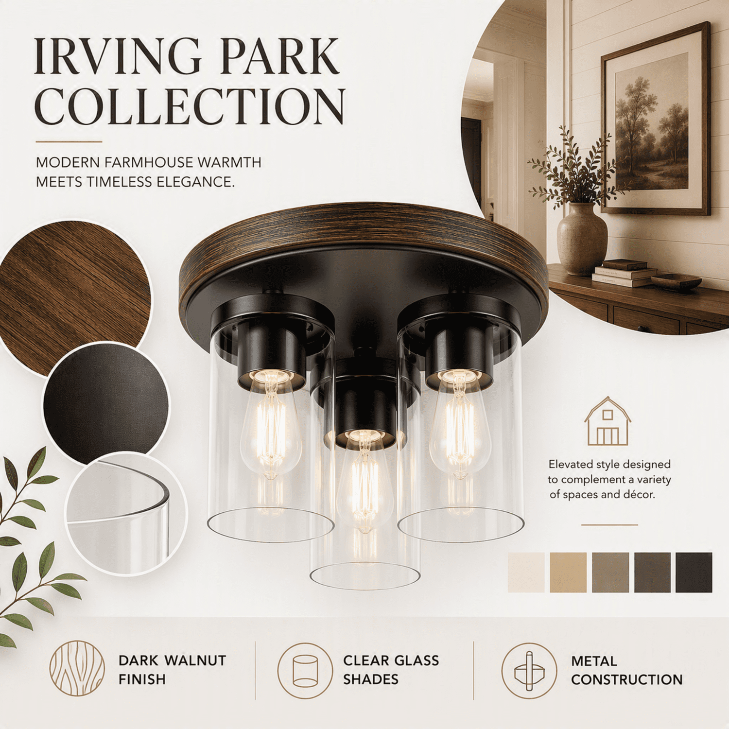 Better Homes & Gardens 12 in. Farmhouse 3-Light Walnut Flush Mount Ceiling Light with Clear Glass Shades