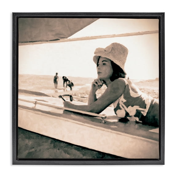Stupell Industries Coastal Vintage Woman Sunbathing Black Floating Frame Canvas Art, 18 x 18, by Graffitee Studios