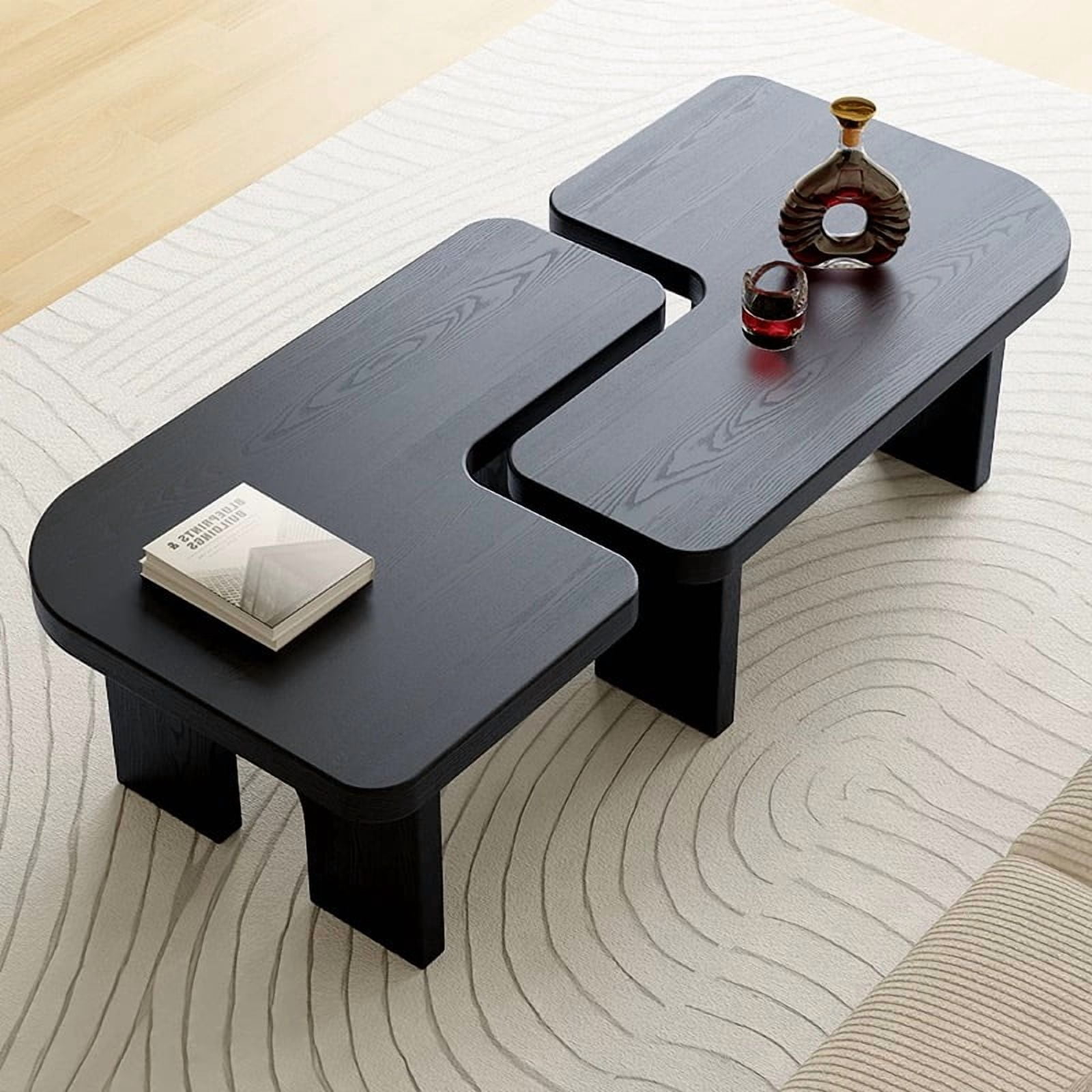 70.86 Inch Extendable Splicing Coffee Table Set, Modern Black Wooden Nesting Center Tables for Living Room, Flexible Configuration, Smooth Surface, Antique Black Finish