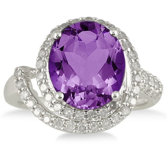 SZUL Women's 4 3/4 Carat Oval Amethyst and Diamond Ring in 10K White Gold