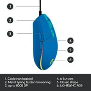 Logitech G203 Wired Gaming Mouse, 8,000 DPI, Rainbow Optical Effect LIGHTSYNC RGB, 6 Programmable Buttons, Blue