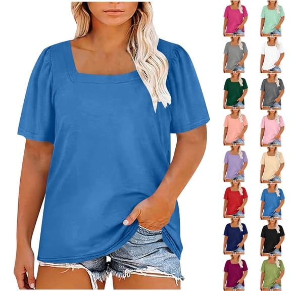 Visit the JURANMO Store Women Square Neck T Shirt Puff Short Sleeve Casual Summer Tees Loose Oversized Beach Vacation Tee Shirts Army Green XL