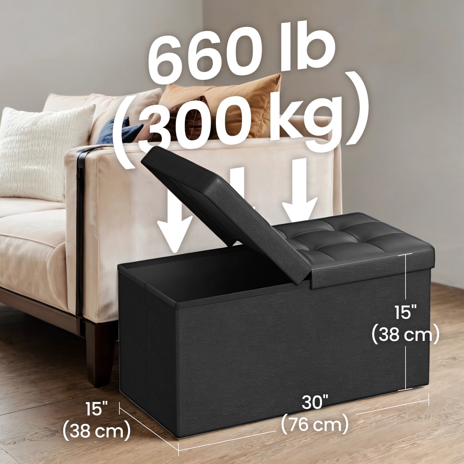 LEDREM 30" Storage Ottoman Bench with Flip-Top Lid, 660lb Capacity, Multi-Functional Footrest, Seat, Easy-Clean Synthetic Leather, Black
