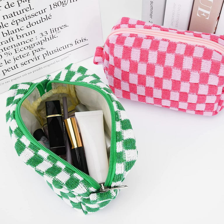 SOIDRAM Makeup Bag Checkered Cosmetic Bag Brown Makeup Pouch 1Pcs Large  Capacity Makeup Bags and 1Pcs Makeup Brushes Storage Bag Travel Toiletry  Bag