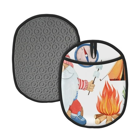 

Qekee Gnome Camping Pattern Silicone Pot Holders Oven Mitts Heat Resistant Hot Pads Non Slip Pot Holder Towel Cloth Interior Lining