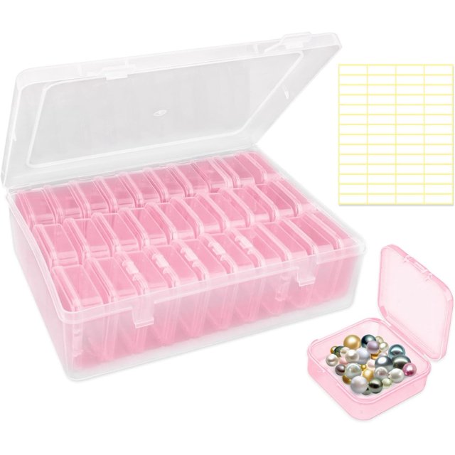Small Bead Organizer Box, 30Pcs Mini Clear Bead Storage Containers, Small Plastic Boxes with Hinged Lids and Label Stickers, Plastic Case for Storage Parts Craft Jewelry Diamond (Pink)