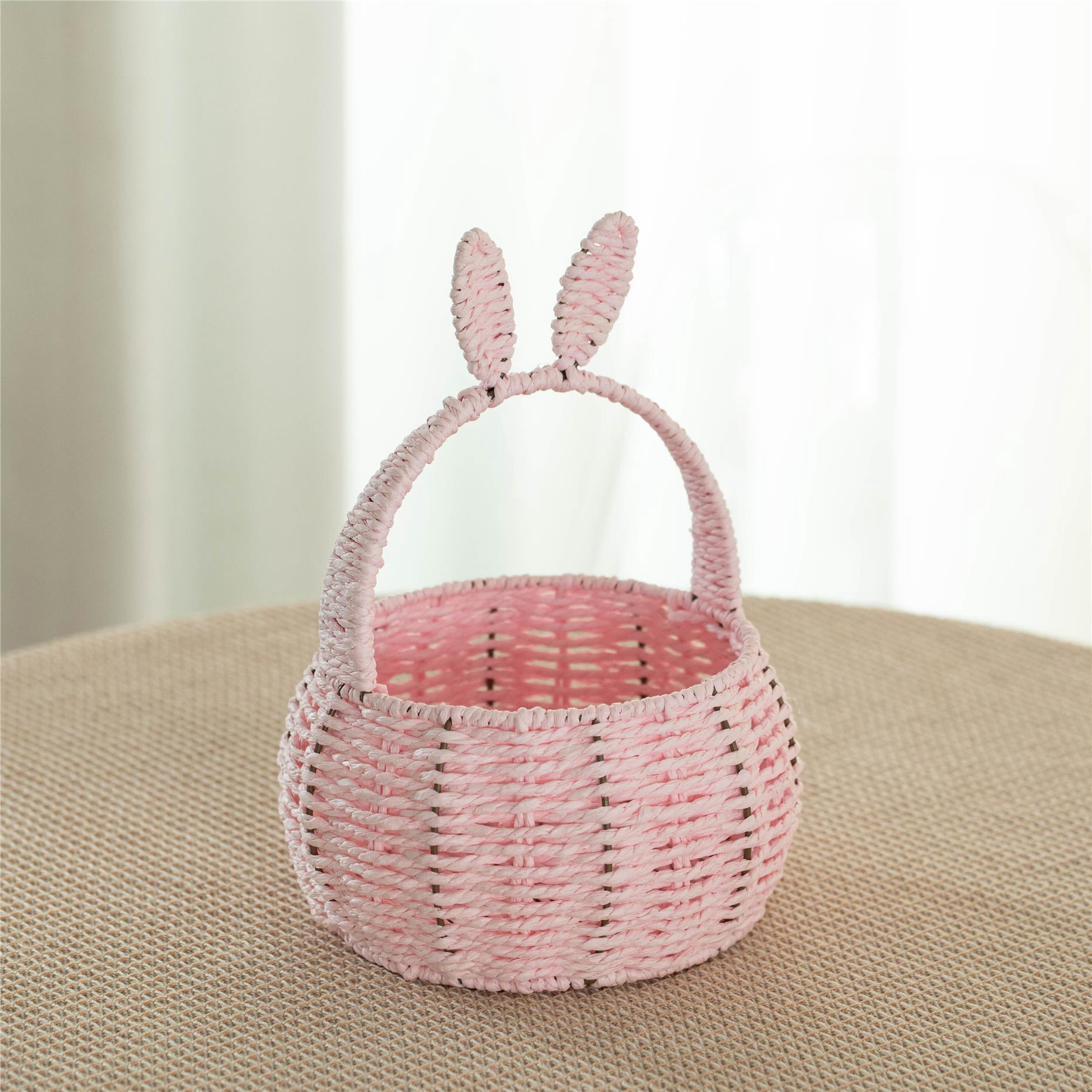 Wickerwise Hand-Woven Easter Bunny Ear Basket with Handle – Multi-Purpose Paper Rope Wicker Basket for Easter Egg Hunts, Picnics, Flower Arrangements, Food Storage, Party, and Home Decor, Pink