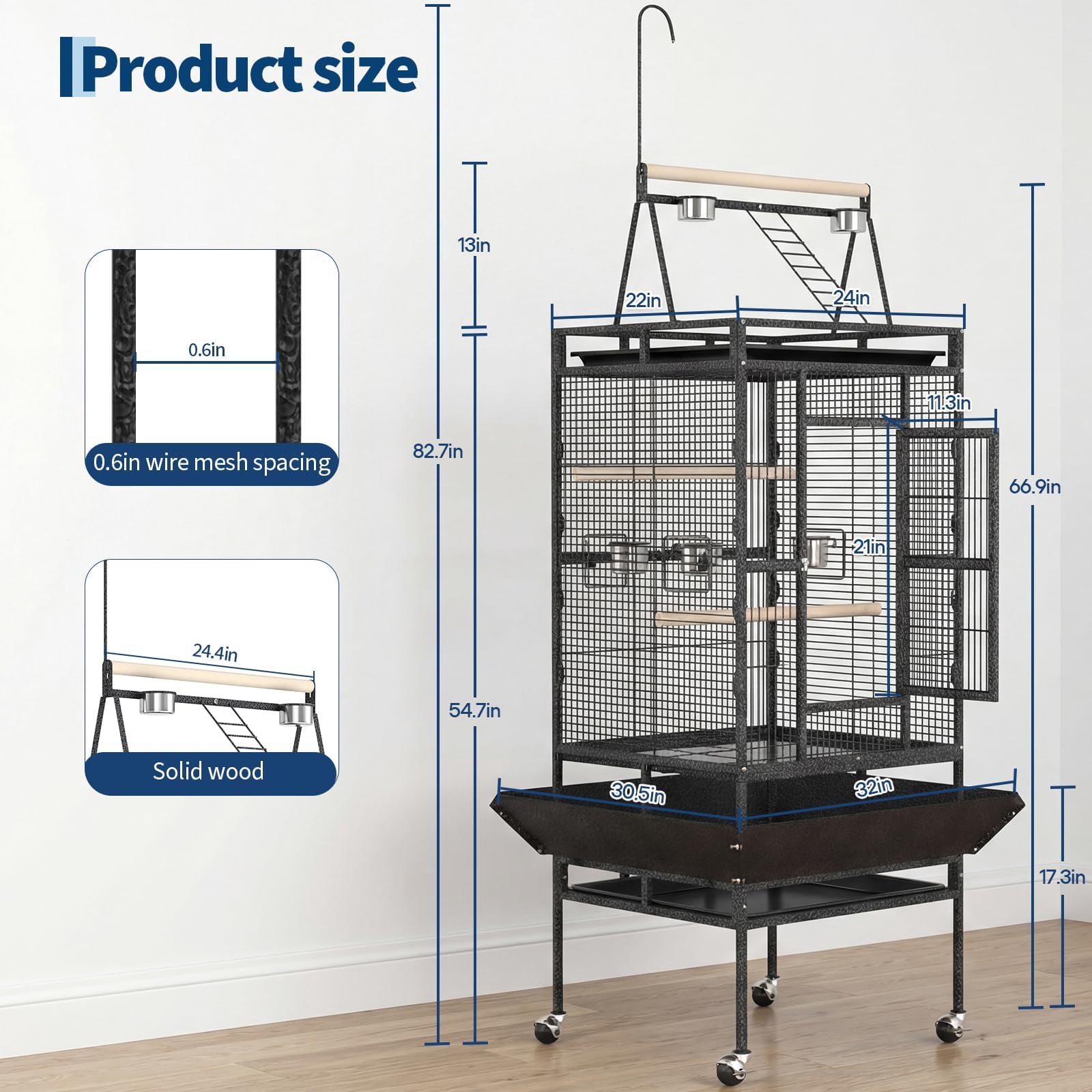 Parrot Cage, 82inch Rolling Bird Cage, Spacious Flight Bird Cage, with Feed Bowls, Playground and Rope Perch, for Parakeets, Cockatiels, Conures