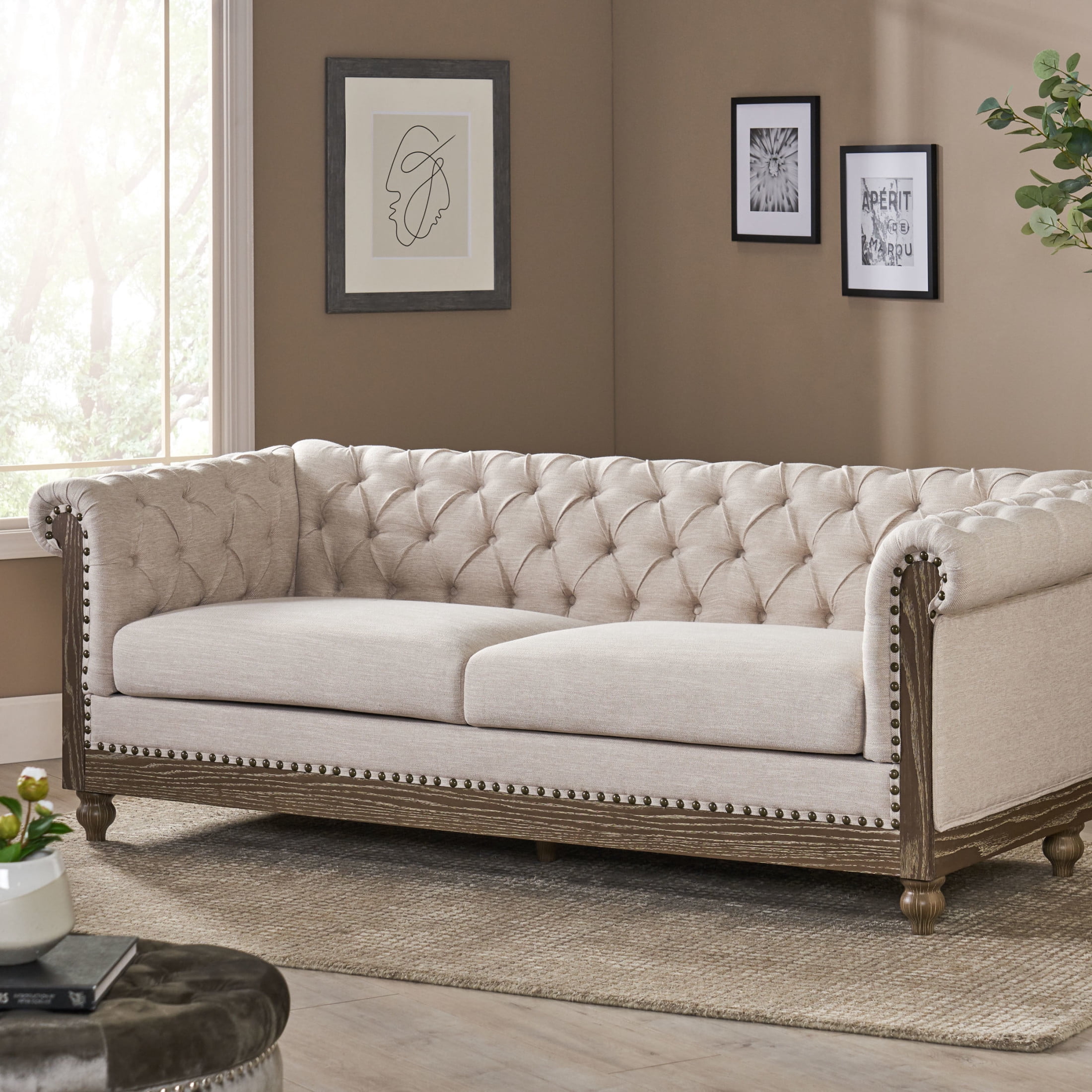 Noble House Glencoe Fabric Tufted 3 Seater Sofa, Beige